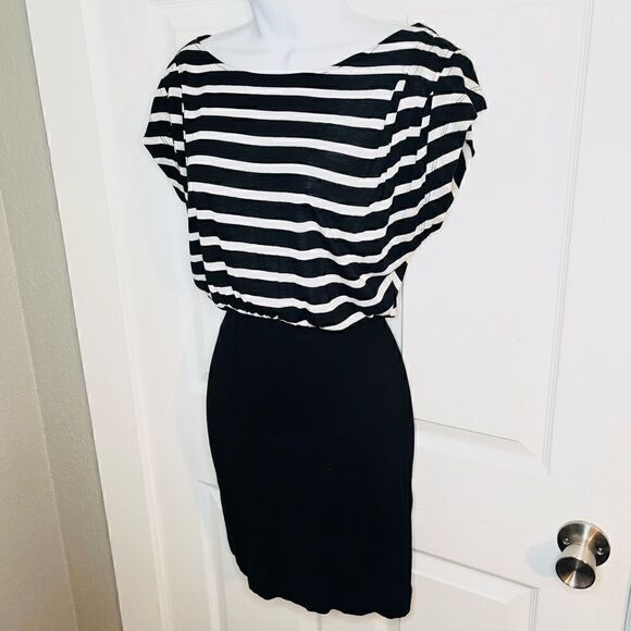 French Connection Stripe Twofer Mini Dress Dolan Half Sleeve Pleated Black 0 - Picture 5 of 8